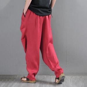 Bright Colors Red Beach Pants Loose Tapered Flax Trousers