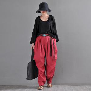 Bright Colors Red Beach Pants Loose Tapered Flax Trousers