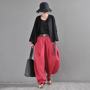 Designer Loose Red Harem Pants Linen Summer Drop Crotch Pants