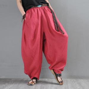 Designer Loose Red Harem Pants Linen Summer Drop Crotch Pants