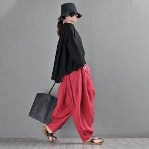 Designer Loose Red Harem Pants Linen Summer Drop Crotch Pants