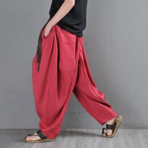 Designer Loose Red Harem Pants Linen Summer Drop Crotch Pants