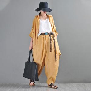 Plus Size Long Sleeves Linen Blouse Designer Custom Yellow Shirt