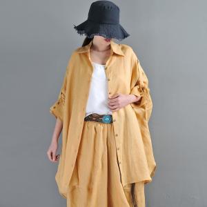 Plus Size Long Sleeves Linen Blouse Designer Custom Yellow Shirt