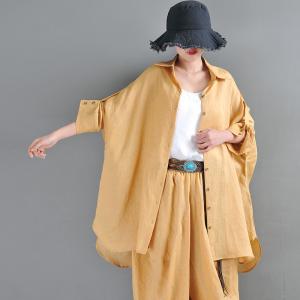 Plus Size Long Sleeves Linen Blouse Designer Custom Yellow Shirt