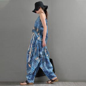 Crane Patterned Harem Pants Blue Ramie Loose Resort Wear