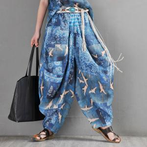 Crane Patterned Harem Pants Blue Ramie Loose Resort Wear