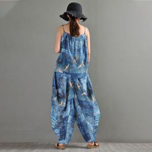 Crane Patterned Harem Pants Blue Ramie Loose Resort Wear