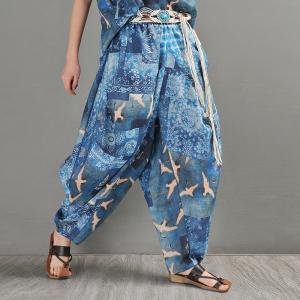 Crane Patterned Harem Pants Blue Ramie Loose Resort Wear