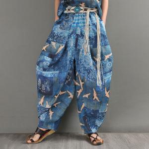 Crane Patterned Harem Pants Blue Ramie Loose Resort Wear