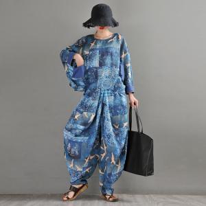 Crane Patterned Harem Pants Blue Ramie Loose Resort Wear