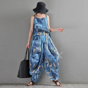 Crane Patterned Harem Pants Blue Ramie Loose Resort Wear