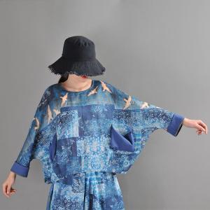 Unique Design Blue Printed Blouse Crane Plus Size Custom Top