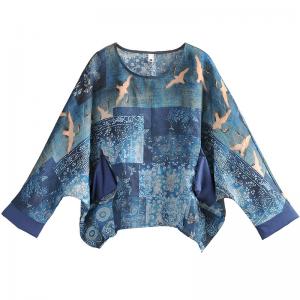 Unique Design Blue Printed Blouse Crane Plus Size Custom Top