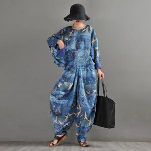 Unique Design Blue Printed Blouse Crane Plus Size Custom Top