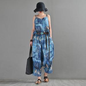 Summer Beach Blue Baggy Pants Ramie Totem Ankle Pants