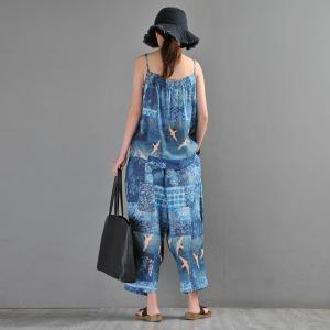 Summer Beach Blue Baggy Pants Ramie Totem Ankle Pants