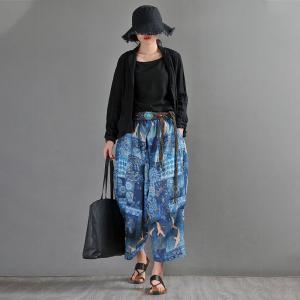 Summer Beach Blue Baggy Pants Ramie Totem Ankle Pants