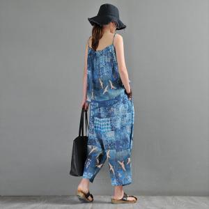 Summer Beach Blue Baggy Pants Ramie Totem Ankle Pants