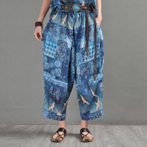 Summer Beach Blue Baggy Pants Ramie Totem Ankle Pants