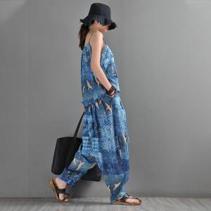 Ethnic Prints and Crane Ramie Elephant Pants Blue Ramie Trousers