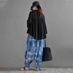 Ethnic Prints and Crane Ramie Elephant Pants Blue Ramie Trousers