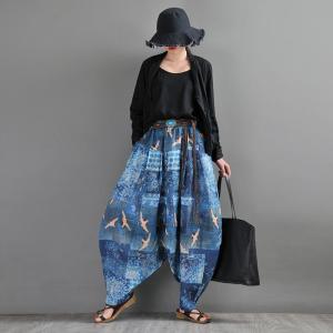 Ethnic Prints and Crane Ramie Elephant Pants Blue Ramie Trousers