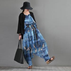 Ethnic Prints and Crane Ramie Elephant Pants Blue Ramie Trousers