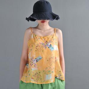 Comfy Petite Loose Camisole Printed Ramie V Neck Cami in Yellow Red Peacock  Blue Blue S M L XL 2XL 