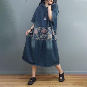 Rose Printed Blue Denim Dress Plus Size Summer Hoodie Dress