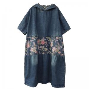 Rose Printed Blue Denim Dress Plus Size Summer Hoodie Dress