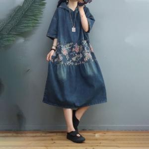 Rose Printed Blue Denim Dress Plus Size Summer Hoodie Dress