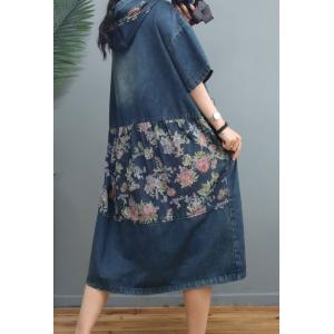 Rose Printed Blue Denim Dress Plus Size Summer Hoodie Dress