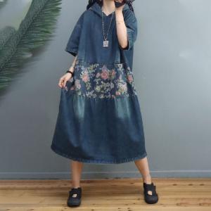 Rose Printed Blue Denim Dress Plus Size Summer Hoodie Dress