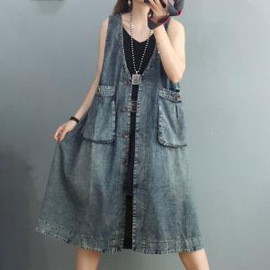 Single-Breasted V-Neck Denim Midi Dress Sleeveless Jean Outerwear