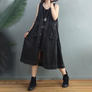 Single-Breasted V-Neck Denim Midi Dress Sleeveless Jean Outerwear