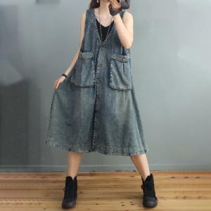 Single-Breasted V-Neck Denim Midi Dress Sleeveless Jean Outerwear