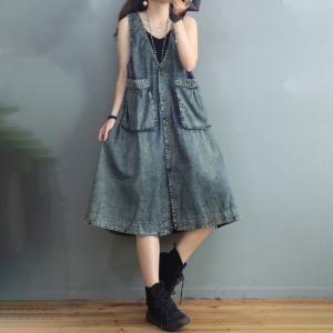 Single-Breasted V-Neck Denim Midi Dress Sleeveless Jean Outerwear