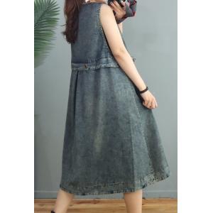 Single-Breasted V-Neck Denim Midi Dress Sleeveless Jean Outerwear