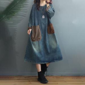 Big Gingham Pockets Jean Dress Plus Size Stone Wash Dress