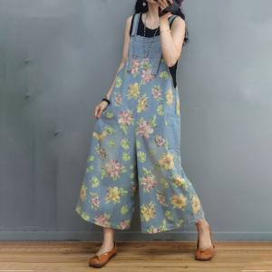 Flowers Printing Wide Leg Overalls Denim Loose Adjustable Straps Overalls