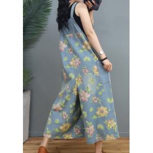 Flowers Printing Wide Leg Overalls Denim Loose Adjustable Straps Overalls