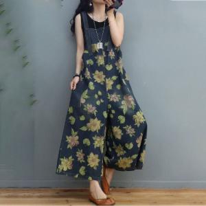 Flowers Printing Wide Leg Overalls Denim Loose Adjustable Straps Overalls