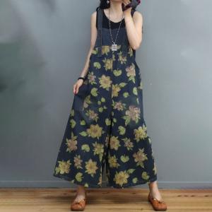 Flowers Printing Wide Leg Overalls Denim Loose Adjustable Straps Overalls