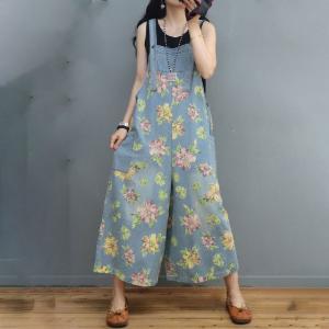 Flowers Printing Wide Leg Overalls Denim Loose Adjustable Straps Overalls