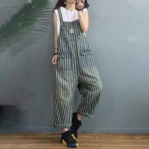 Flap Pockets Vertical Striped Overalls Backless Suspenders Outfit
