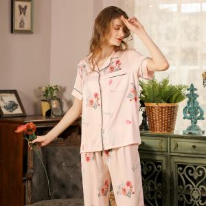 Red Rose Short Sleeves Pajamas Top with Long Silk Pants