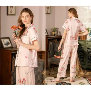 Red Rose Short Sleeves Pajamas Top with Long Silk Pants