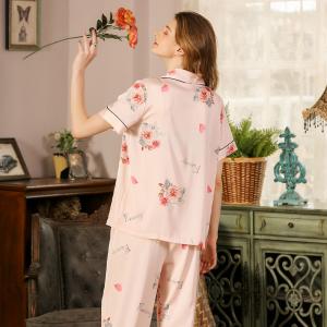 Red Rose Short Sleeves Pajamas Top with Long Silk Pants