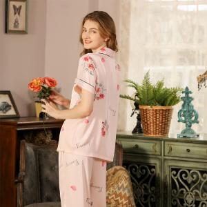 Red Rose Short Sleeves Pajamas Top with Long Silk Pants